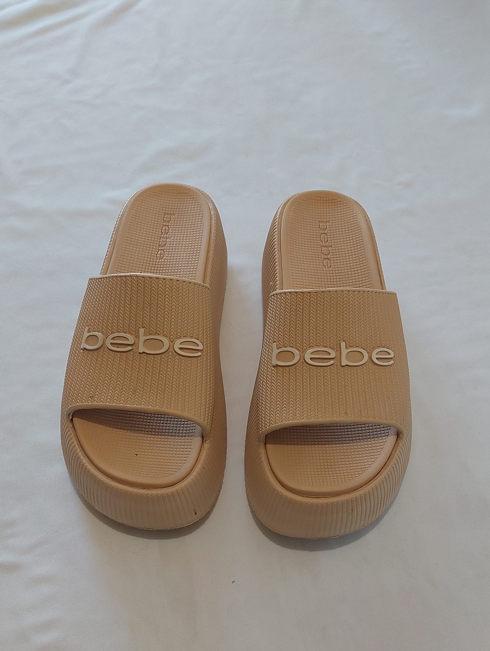 bebe Nude/Tan Slide Sandals with Logo Strap.Size 9 .Platforms Are Around 3"